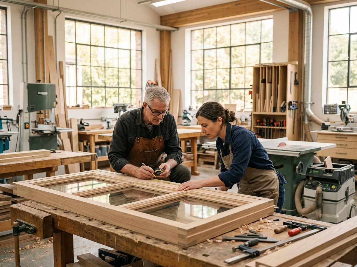 Fensterwerk Team bei der Qualitätskontrolle eines Holzfensters in der Werkstatt